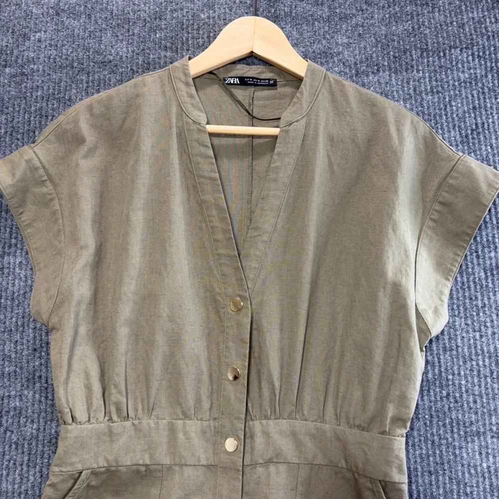 Zara Womens Olive Green Linen Blend Utility Button Front Jumpsuit Size M